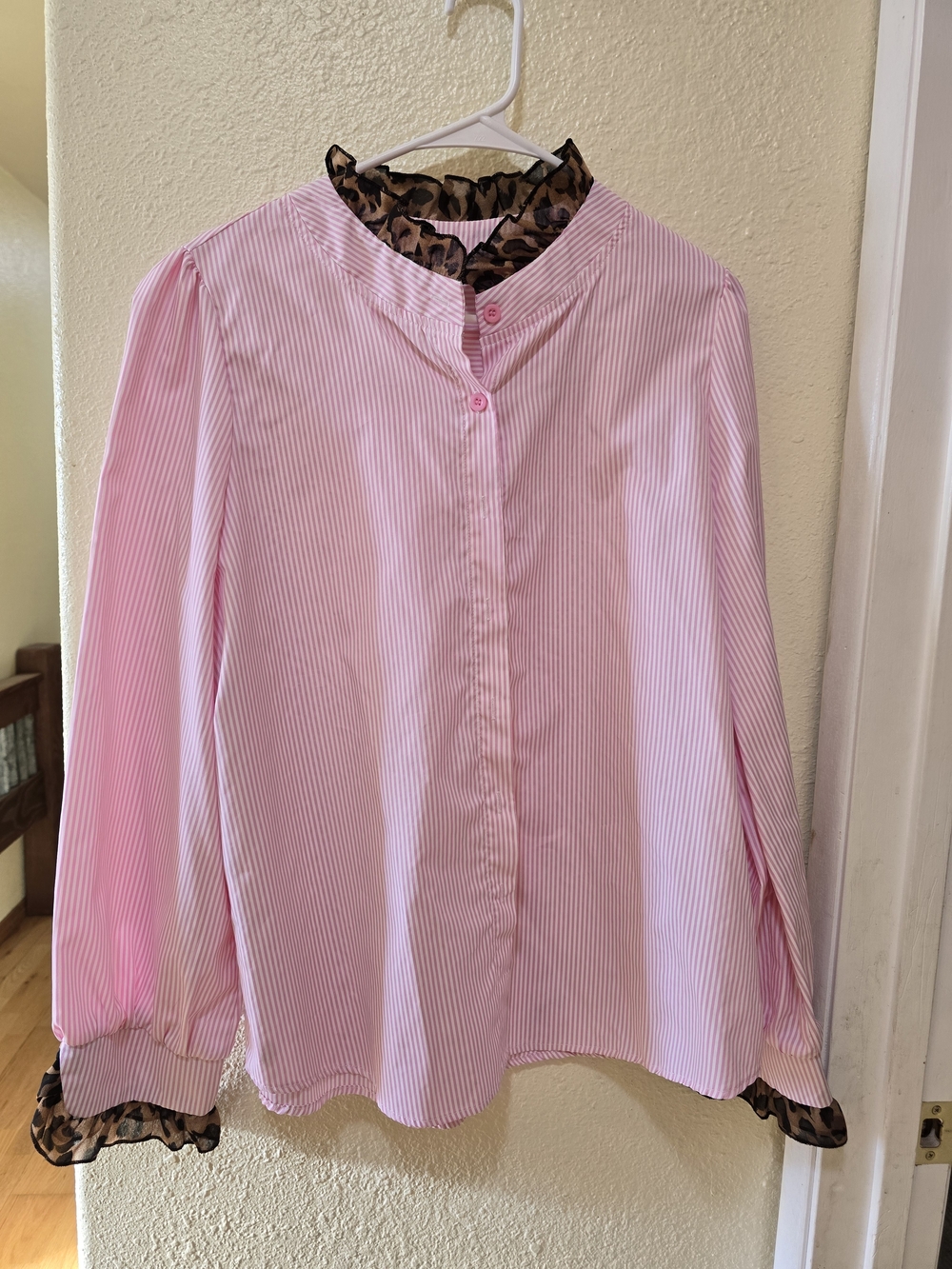 Womens' Pink Striped Long-Sleeve Top with Animal Print Trim